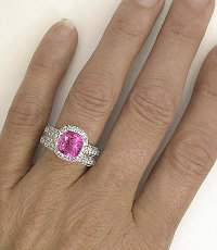 Filigree Design Cushion Cut Pink Sapphire Diamond Halo Engagement Rings