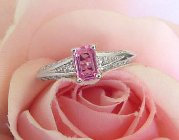 Petite Natural Emerald Cut Pink Sapphire and Diamond Ring in 14k white gold