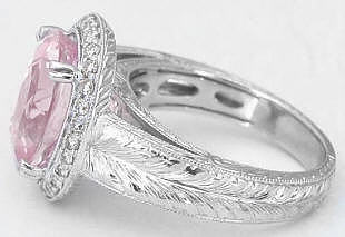 Unheated Light Pink Sapphire and Diamond Engagement Ring with Hand Engraving