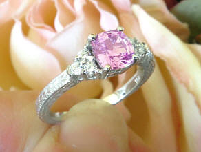 Natural Untreated Cushion Ceylon Pink Sapphire and Real Diamond Engagement Ring with Engraved 14k white gold antique styled band