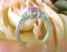 Unheated Ceylon Genuine Pink Sapphire and Real Diamond Ring with Ornate Engraved 14k white gold vintage styled band