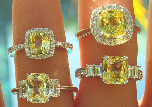 Yellow sapphire engagement rings shown on hand, ranging from light to vivid yellow.