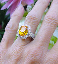 7 carat Cushion Cut Natural Orange Sapphire Ring with real diamond halo for sale