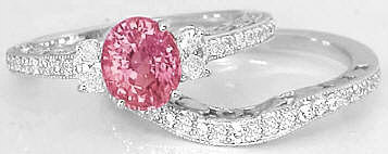 Peachy Pink Sapphire Diamond Engagement Ring in 14k white gold