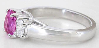 Oval Pink Sapphire Diamond Three Stone Rings in 14k white gold