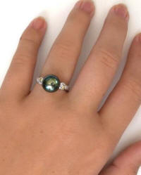 10.3mm Peacock Tahitian Pearl and Diamond Ring in 14k white gold