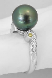 Tahitian Pearl and Yellow and White Diamond Ring in 14k White Gold