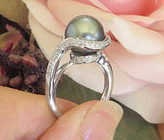 Large 11mm Natural Tahitian Pearl Ring with Real Pave Diamonds in solid 18k White Gold for sale