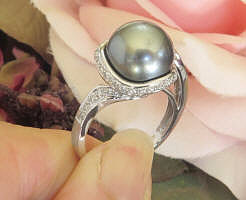 Large 11mm Genuine Tahitian Pearl Ring with Real Pave Diamonds in genuine 18k White Gold for sale