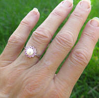 Genuine 6mm White Pearl and Natural Pink Sapphire Ballerina Ring in 14k white gold
