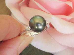 9mm Peacock Genuine Tahitian Pearl and Real Diamond Ring in 18k White Gold for sale