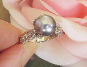 10mm Genuine Tahitian Pearl and Real Diamond Ring in 14k white gold for sale