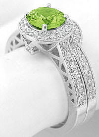 Peridot Engagement Ring and Matching Wedding Band in 14k white gold