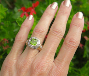 Bezel Set 8mm Cushion Peridot Ring with Diamonds in 14k two tone gold