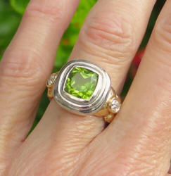 Bezel Set 8mm Cushion Peridot Ring with Diamonds in 14k white and yellow gold for sale