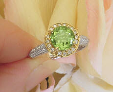 Round Cut Natural Peridot Two Tone Ring with a Diamond Halo Ring in 14k Gold