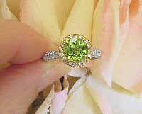 7mm Round Natural Peridot and Real Diamond Halo Ring in soldi 14k White and Yellow Gold