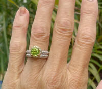 7mm round Round Peridot Engagement Ring with Diamond halo in 14k white and yellow gold for sale