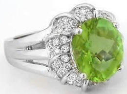 Natural Peridot Gemstone and Diamond Ring in 14k white gold