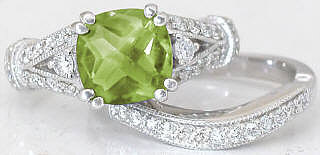 Cushion Cut Peridot Engagement Ring and Matching Wedding Band