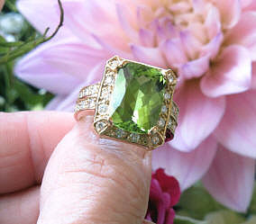 large cushion cut natural peridot fashion ring with real diamond halo in solid 14k yellow gold for sale