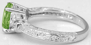 Engraving Detail on Peridot Engagement Rings in 14k white gold