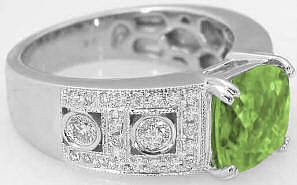 Cushion Cut Peridot and Bezel Set Diamond Wide Band Ring