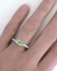 Three Stone Antique Princess Cut Peridot and Diamond Ring in 14k white gold