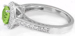 Halo round peridot band ring in 14k white gold