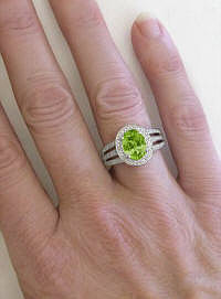 Hand View of Peridot Ring with Diamonds in 14k