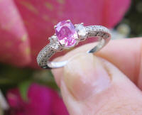 Natural Pink Sapphire Ring- Antique style three stone engagment ring with oval side diamonds in 14k white gold for sale