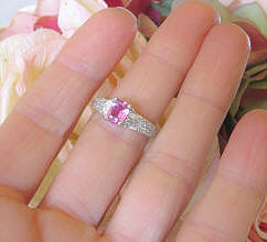 Cushion Natural Pink Sapphire Engagement Ring with Real Pave Diamonds in 18k white gold