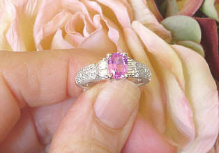 Cushion Natural Pink Sapphire Engagement Ring with Real Baguette Diamonds in 18k white gold for sale