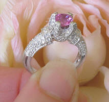 Unique Antique Design Natural Pink Sapphire Wedding Ring with Real Pave Diamonds in solid 18k white gold for sale