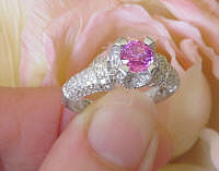 Unique Antique Design Natural Pink Sapphire Wedding Ring with Real Pave Diamonds in solid 18k white gold
