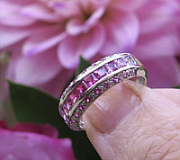 Genuine Channel Set Princess and Round Pink Sapphire Ring. White Gold.