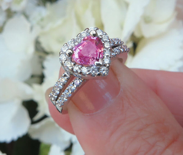 Heart Shape Natural Pink Sapphire and Diamond Halo Ring and