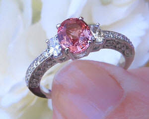 Vintage Style Sri Lankan Natural Oval Cut Pink Sapphire Wedding Ring with 14k white gold band for sale