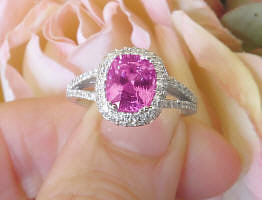 Cushion Cut Natural Hot Pink Sapphire Ring with Real Diamond Halo set in solid 18k white gold for sale