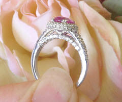 Buy a Cushion Cut Natural Hot Pink Sapphire Fashion Ring with Real Diamond Halo set in split shank 18k white gold setting