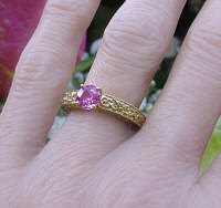 Natural Pink Sapphire Ring - Round Cut Sapphire Solitaire Engagement Ring in ornate detailed 14k yellow gold band for sale