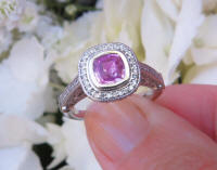 Platinum Natural Cushion Pink Sapphire Engagement Ring with Real Diamond Halo in a solid 14k white gold band