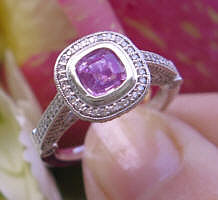 Platinum Natural Cushion Pink Sapphire Ring with Real Diamond Halo in a solid 14k white gold band for sale