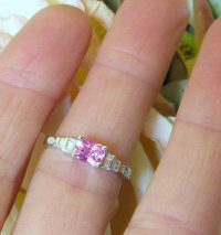 Radiant Cut Natural Pink Sapphire and Real Baguette Diamond Ring in 14k white gold