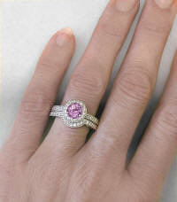 Natural Pink Sapphire and Diamond Halo Engagement Ring Set with Lattice Detail