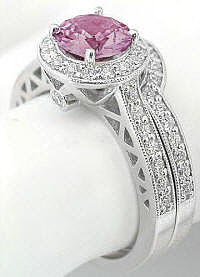 Genuine Natural Round Pink Sapphire Engagement Ring with Diamond Halo and Lattice Detail