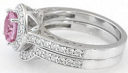 Natural Round Pink Sapphire Engagement Ring with Diamond Halo and Lattice Detail