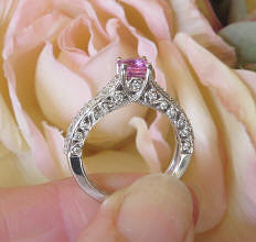 Ornate Round Natural Pink Sapphire and Diamond Ring in real 14k white gold