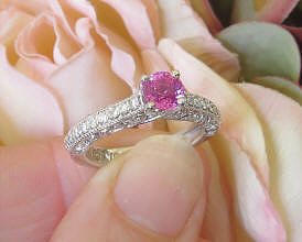 Round Genuine Pink Sapphire and Real Diamond Ring in solid 14k white gold for sale