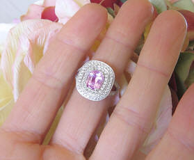 Bold Natrual Cushion Light Pink Sapphire Ring with and Real Double Diamond Halo in 14k whte gold for sale